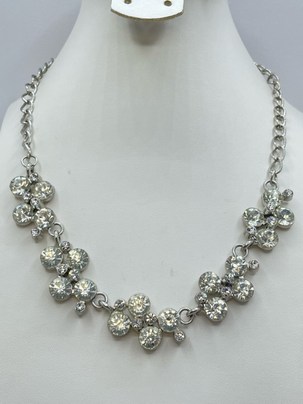 Silver Tone Crystal Cluster Necklace Sparkly Rhinestone Statement Piece